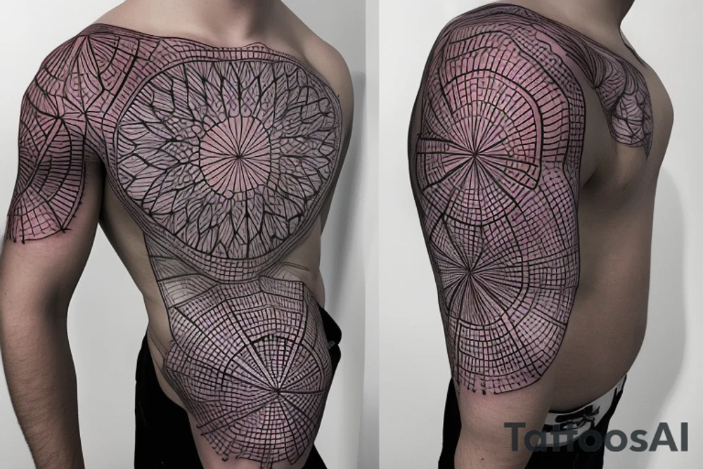 biological cells coming together in a geometric pattern on the shoulder with glowing vasculature tattoo idea
