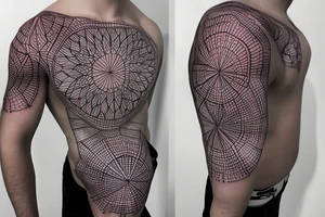 biological cells coming together in a geometric pattern on the shoulder with glowing vasculature tattoo idea