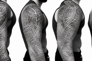 biological cells coming together in a geometric pattern on the shoulder with glowing vasculature tattoo idea