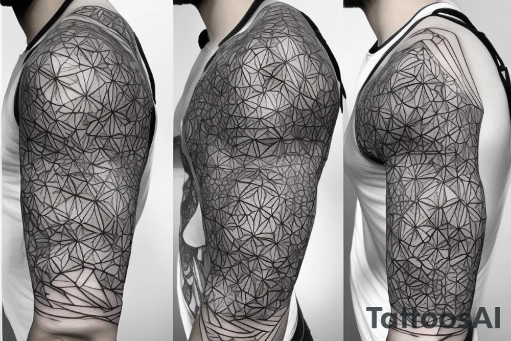 biological cells coming together in a geometric pattern on the shoulder with glowing vasculature tattoo idea