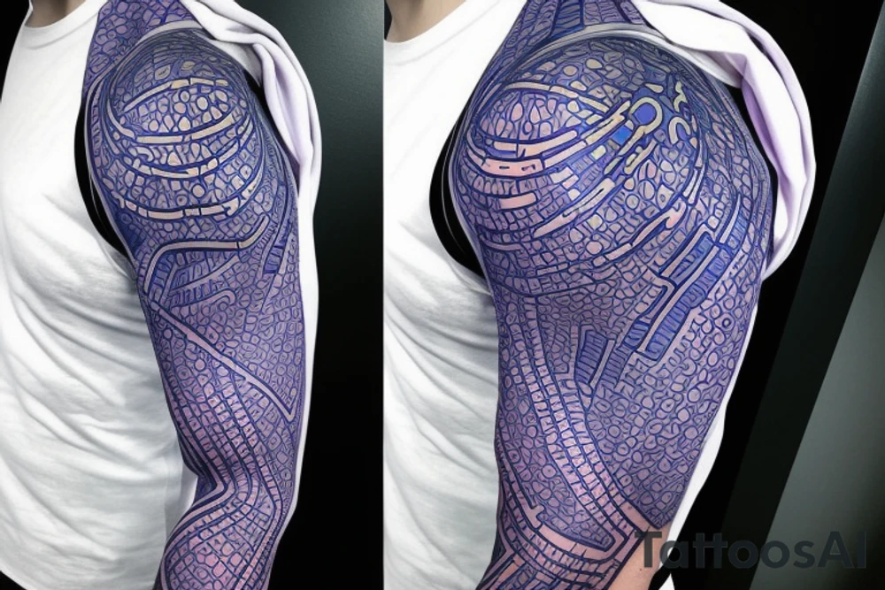 biological cells coming together in a geometric pattern on the shoulder with glowing blue vasculature tattoo idea