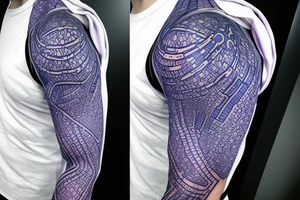 biological cells coming together in a geometric pattern on the shoulder with glowing blue vasculature tattoo idea