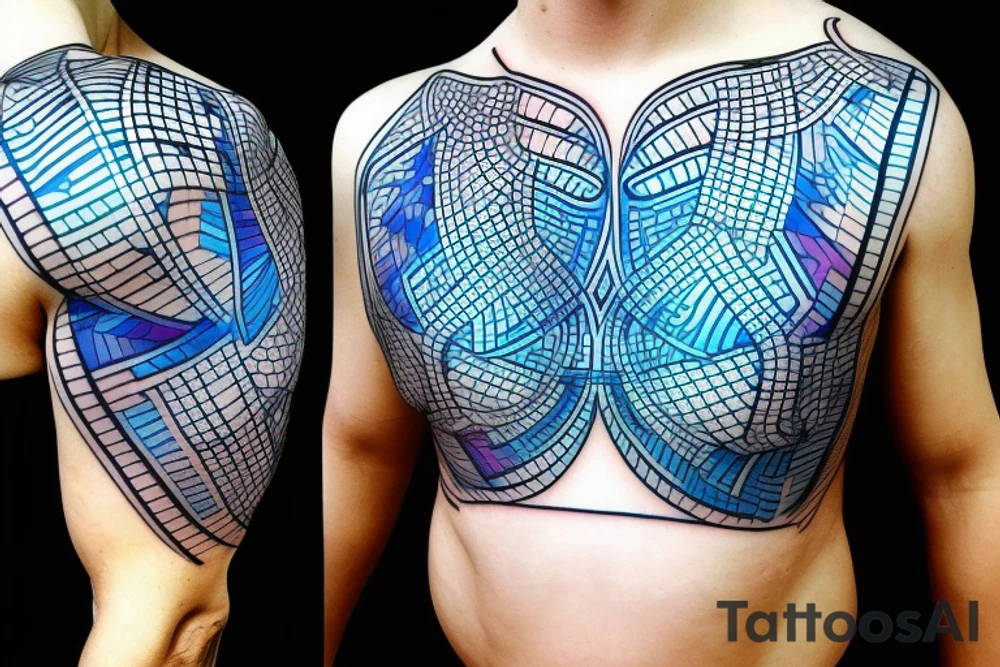 biological cells coming together in a geometric pattern on the shoulder with glowing blue vasculature tattoo idea