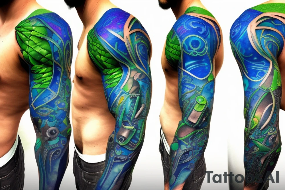 cells creating a glowing blue and green muscle on the shoulder tattoo idea
