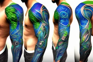 cells creating a glowing blue and green muscle on the shoulder tattoo idea