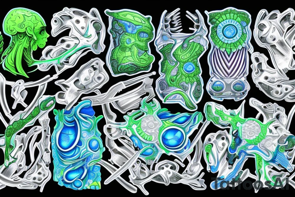 cells creating a glowing blue and green muscle on the shoulder tattoo idea