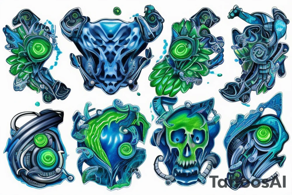 cells creating a glowing blue and green muscle on the shoulder tattoo idea
