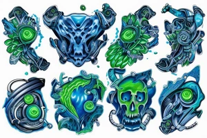 cells creating a glowing blue and green muscle on the shoulder tattoo idea