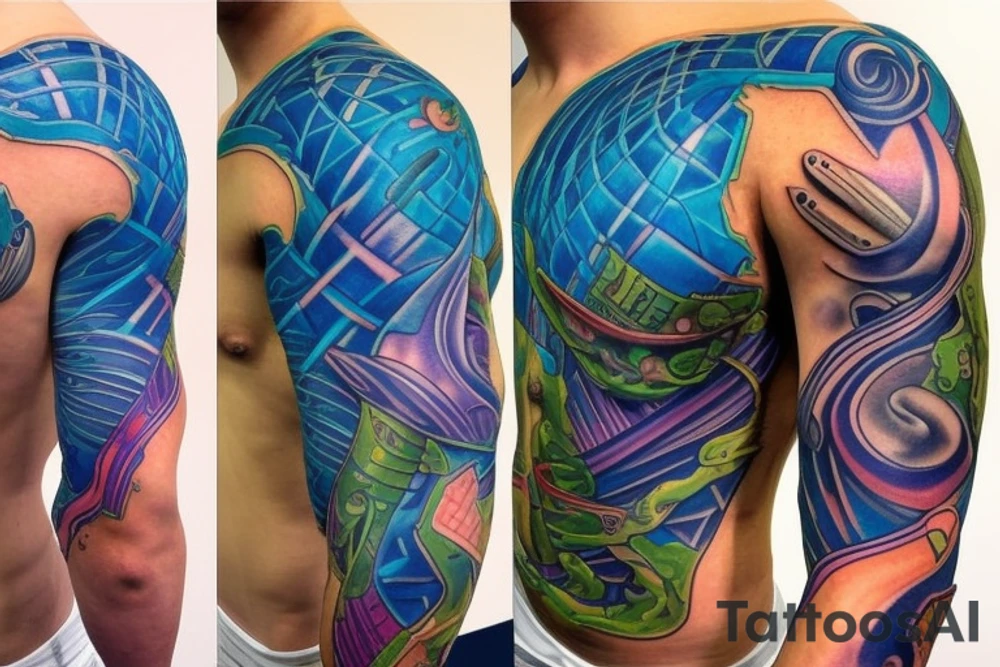 cells creating a glowing blue and green muscle on the shoulder tattoo idea