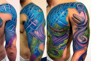 cells creating a glowing blue and green muscle on the shoulder tattoo idea
