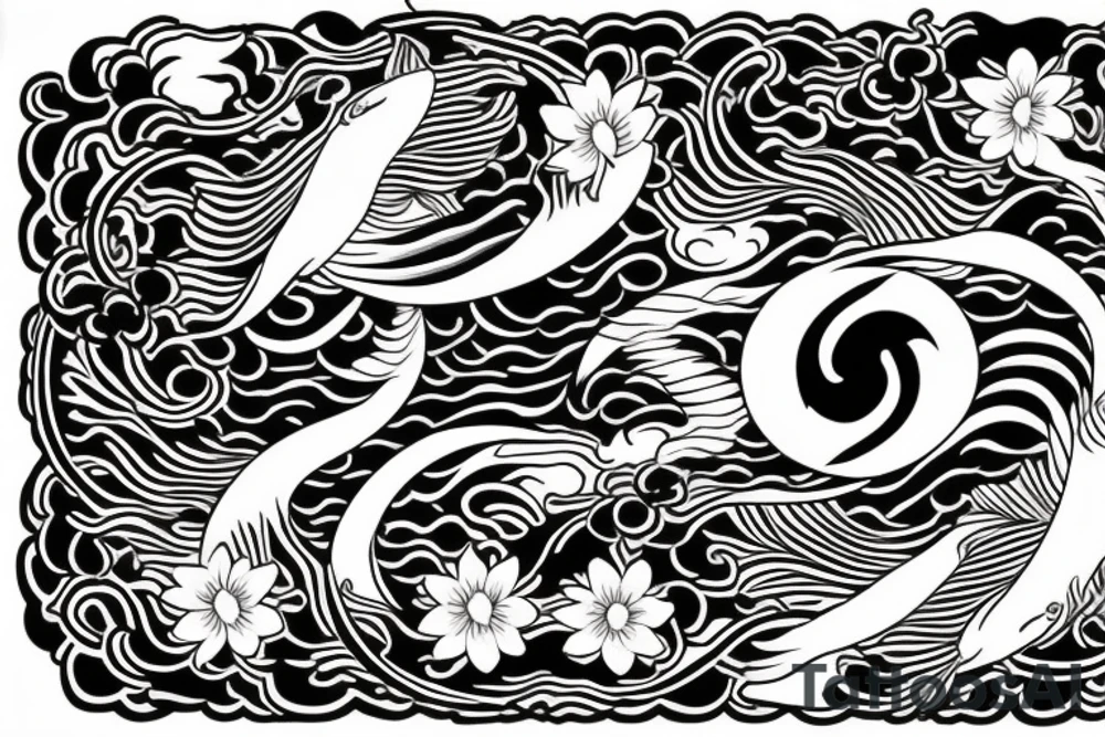 Water effect down my spine with 2 koi fish symbolizing yin and Yang in the middle with cherry blossoms surrounding it tattoo idea