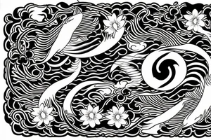 Water effect down my spine with 2 koi fish symbolizing yin and Yang in the middle with cherry blossoms surrounding it tattoo idea