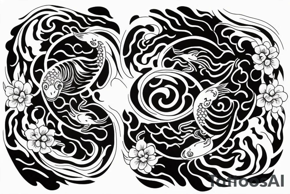 Water effect down my spine with 2 koi fish symbolizing yin and Yang in the middle with cherry blossoms surrounding it tattoo idea