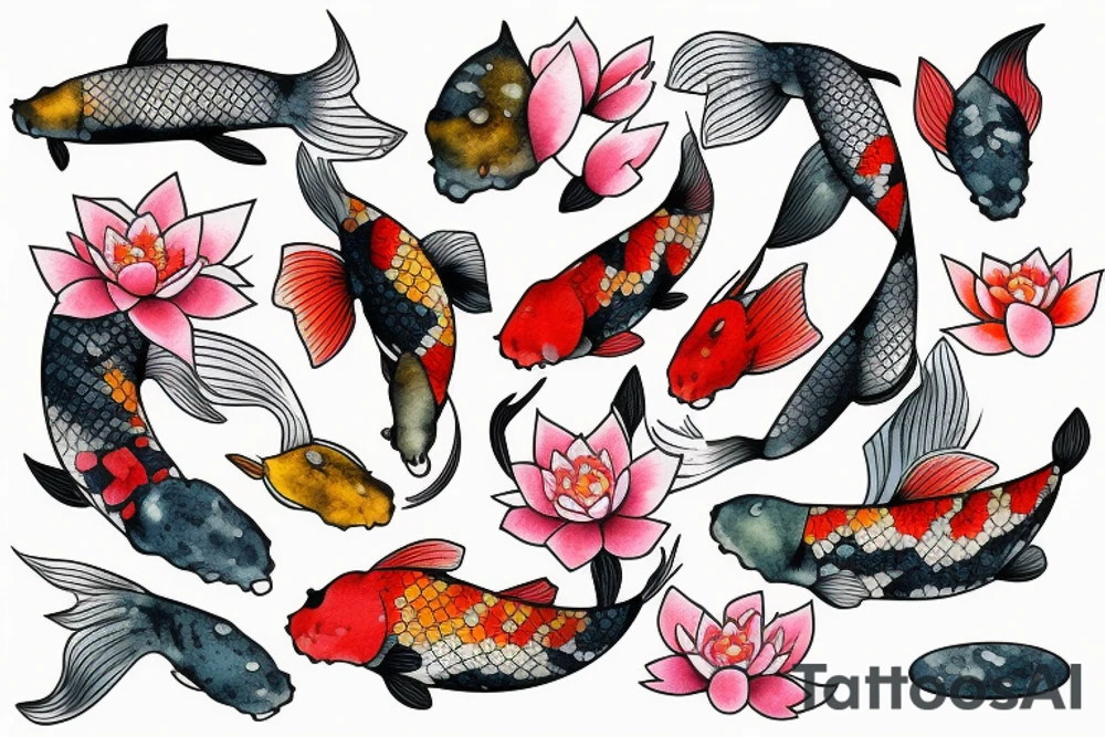 Koi fish in a pond with cherry blossom trees around it tattoo idea