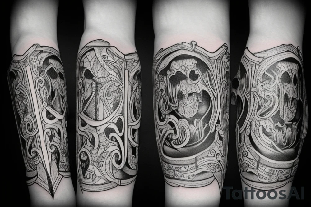 Sword with a Bible verse down one side of the blade and another verse down the other side of the blade tattoo idea