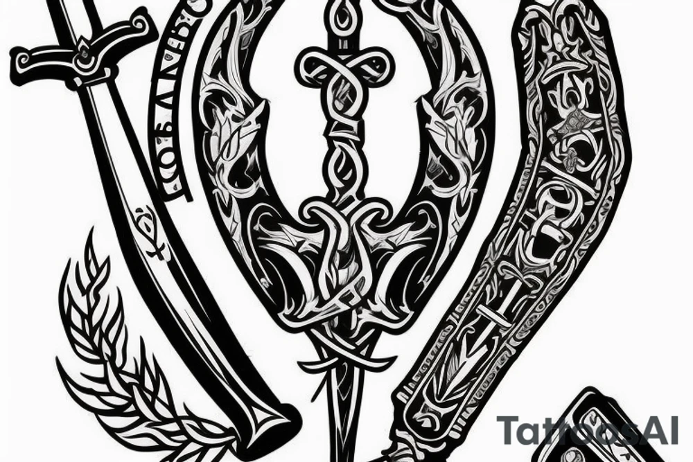 Sword with a Bible verse down one side of the blade and another verse down the other side of the blade tattoo idea