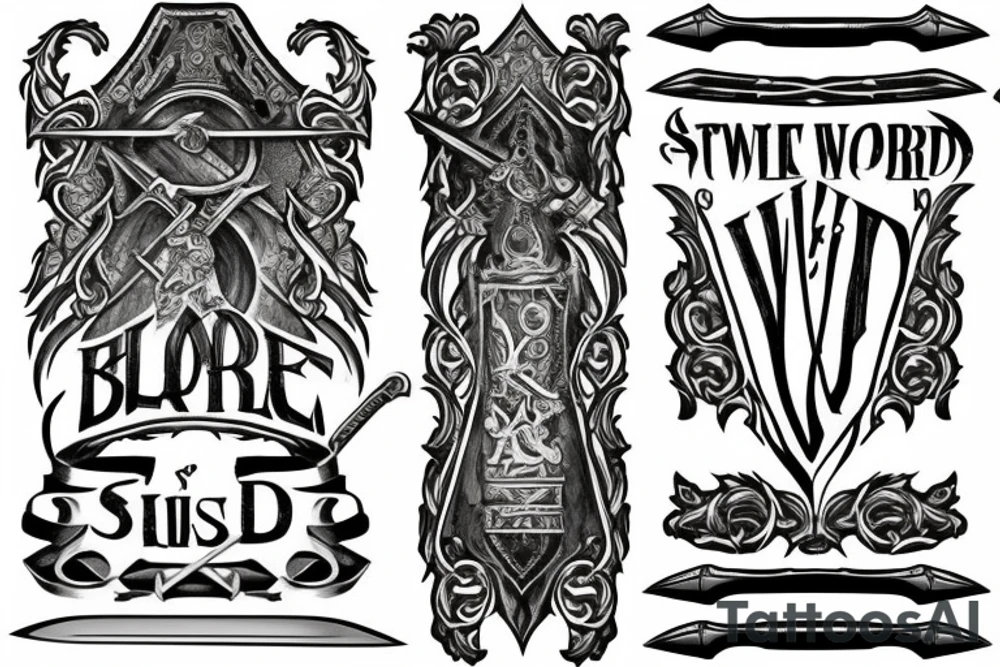 Sword with a Bible verse down one side of the blade and another verse down the other side of the blade tattoo idea