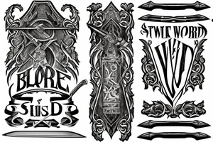 Sword with a Bible verse down one side of the blade and another verse down the other side of the blade tattoo idea