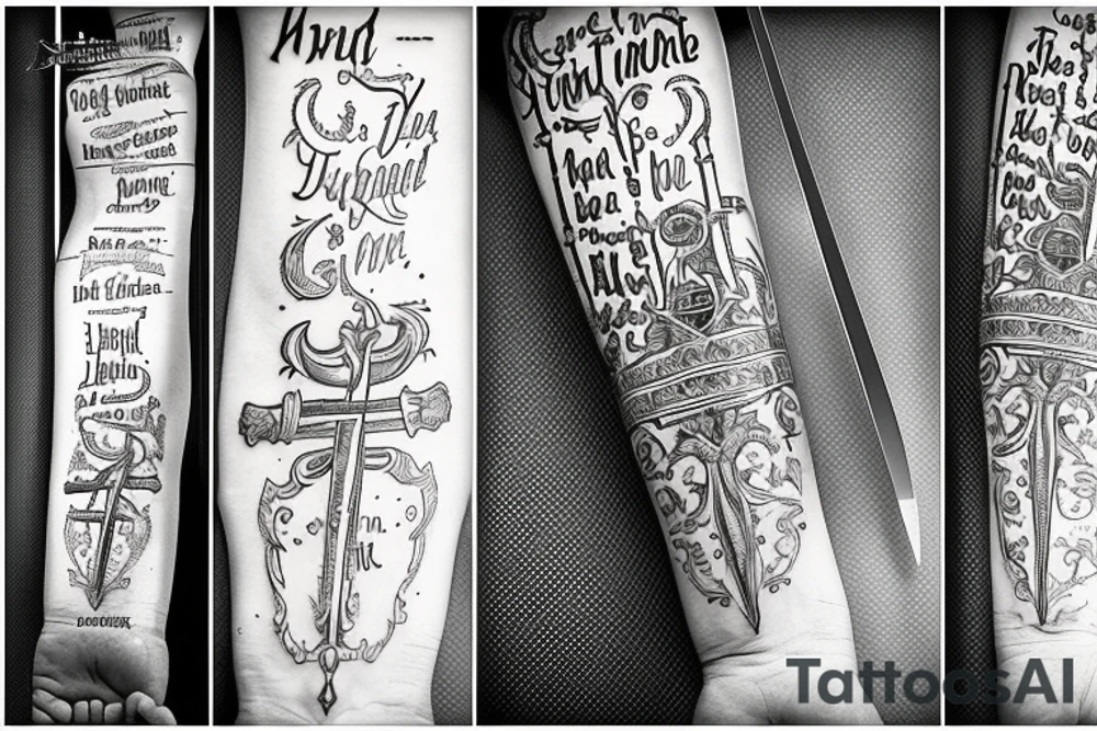 Sword with a Bible verse down one side of the blade and another verse down the other side of the blade tattoo idea