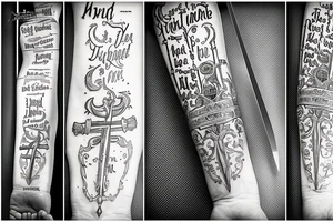 Sword with a Bible verse down one side of the blade and another verse down the other side of the blade tattoo idea