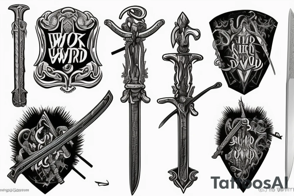Sword with a Bible verse down one side of the blade and another verse down the other side of the blade down my right shoulder tattoo idea