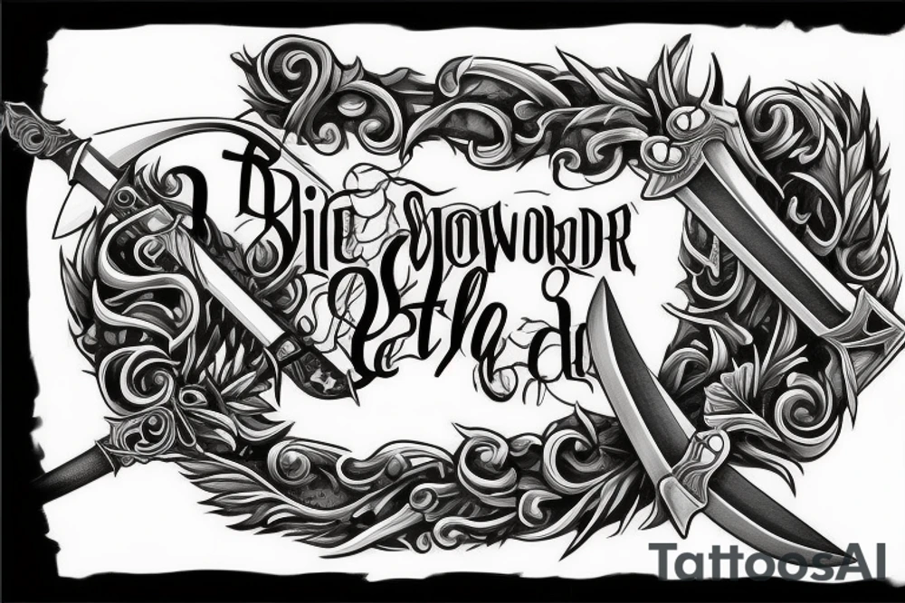 Sword with a Bible verse down one side of the blade and another verse down the other side of the blade down my right shoulder tattoo idea