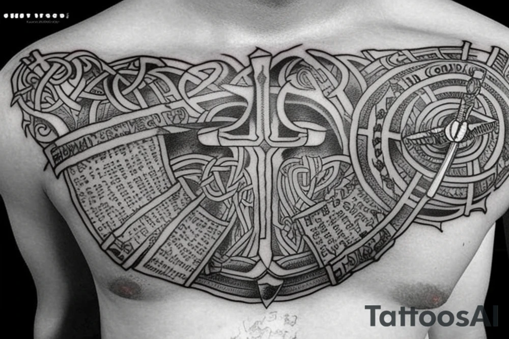 Viking 
Sword with a Bible verse down one side of the blade and another verse down the other side of the blade down my right shoulder tattoo idea
