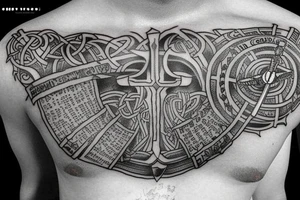 Viking 
Sword with a Bible verse down one side of the blade and another verse down the other side of the blade down my right shoulder tattoo idea