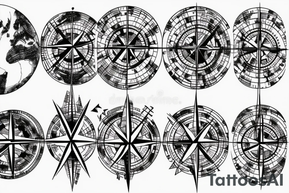 World Map with compass lines, Fine Line Tattoo tattoo idea