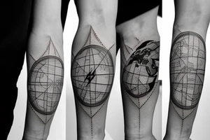 World Map with compass lines, Fine Line Tattoo tattoo idea