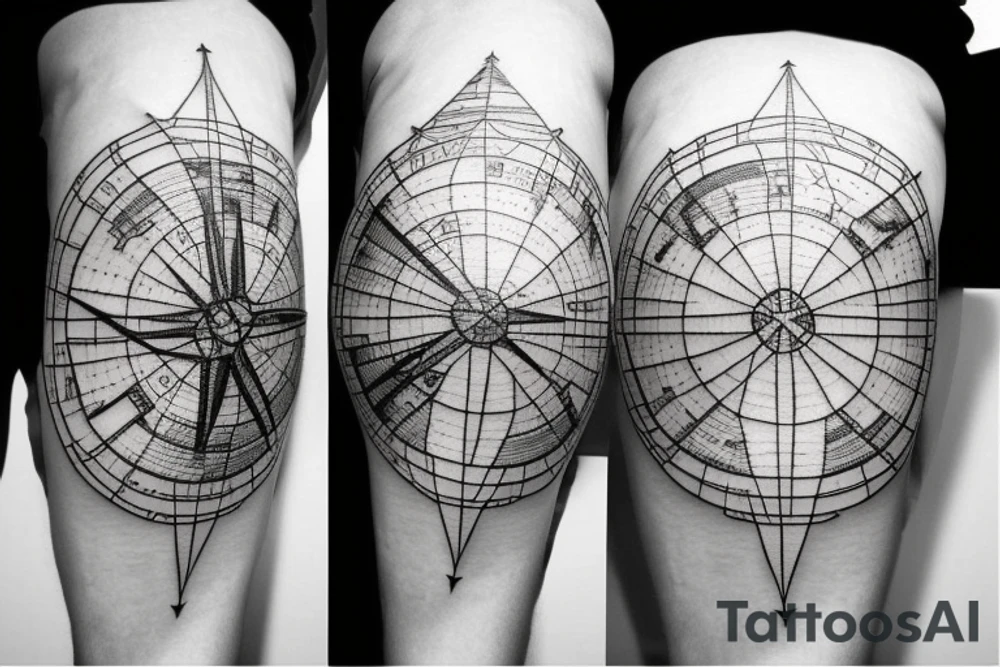 World Map with compass lines, Fine Line Tattoo tattoo idea