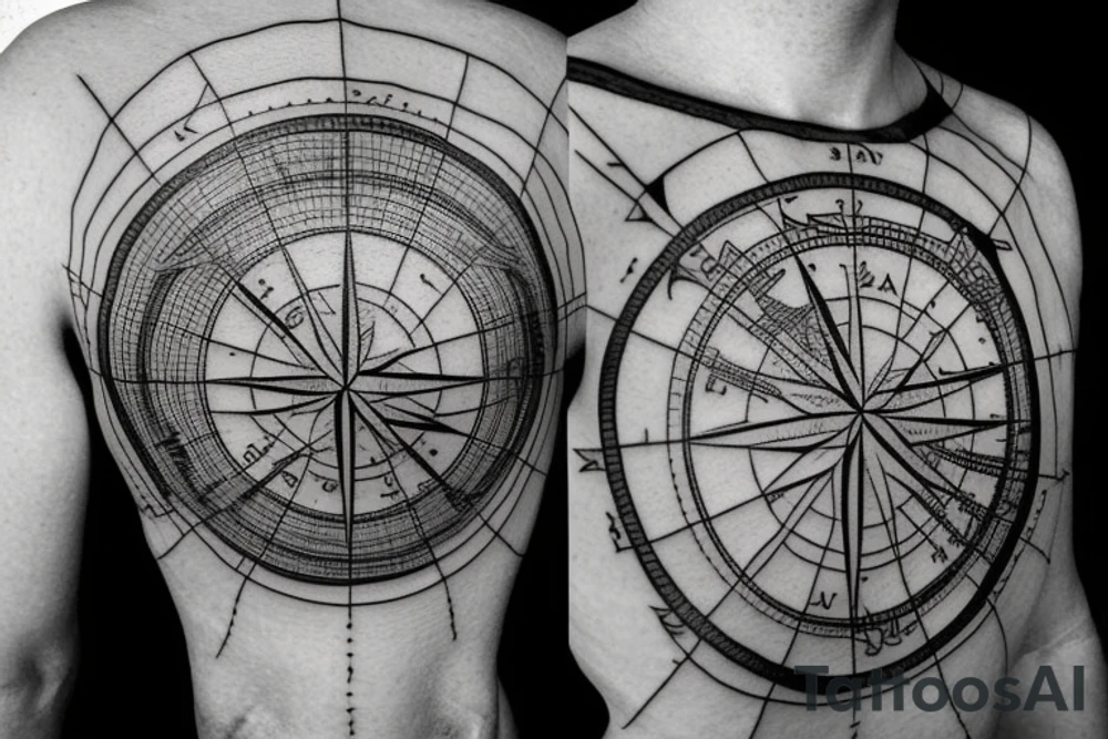 World Map with compass lines, Fine Line Tattoo tattoo idea