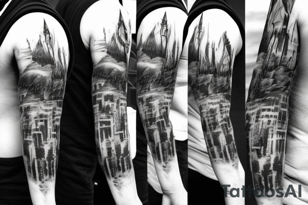 shoulder low-poly sad post-apocalyptic landscape tattoo idea