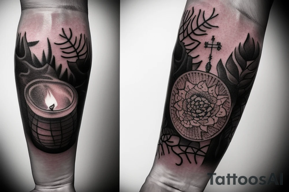Half sleeve tattoo on forearm: an lantern with candle inside, clouds, thorns and bones tattoo idea