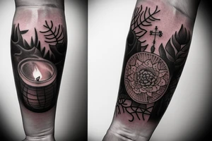 Half sleeve tattoo on forearm: an lantern with candle inside, clouds, thorns and bones tattoo idea