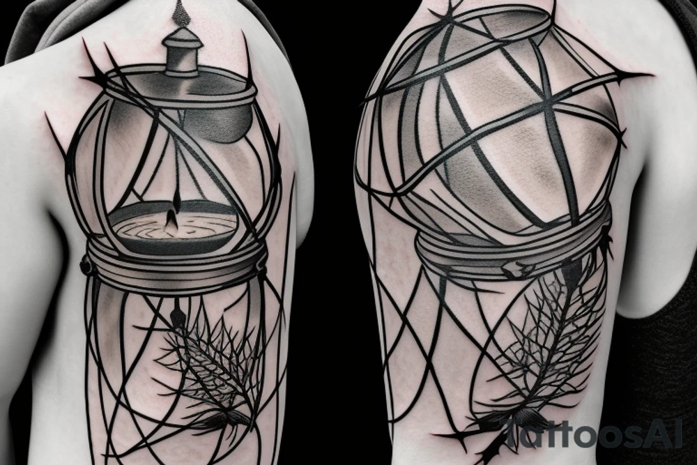 An lantern with candle inside, flying bat, thorns as filler tattoo idea An lantern with candle inside, flying bat, thorns as filler tattoo idea