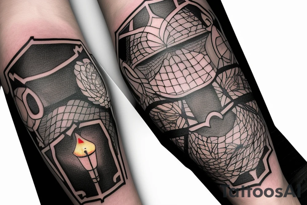 Forearm sleeve: An lantern with candle inside, flying bat, tattoo idea Forearm sleeve: An lantern with candle inside, flying bat, tattoo idea