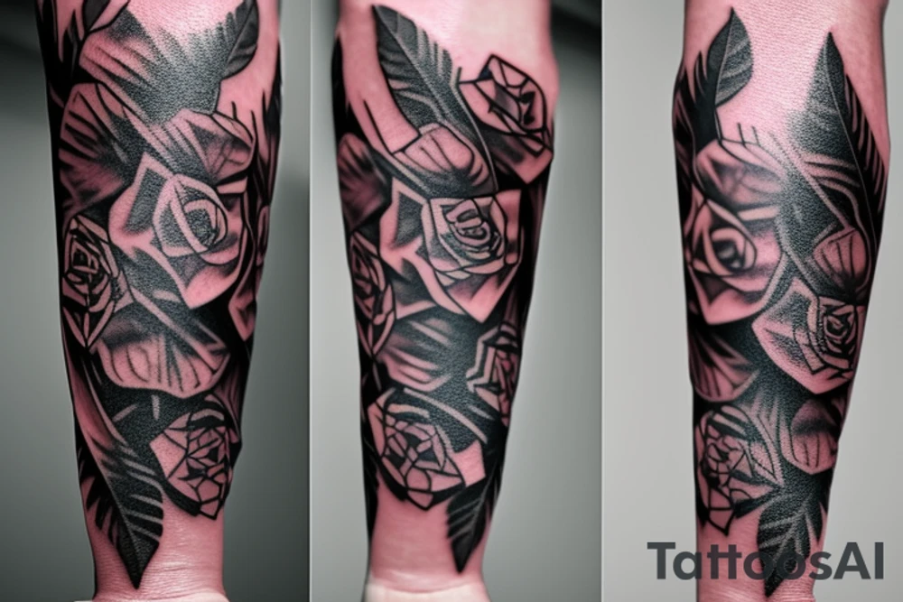 Forearm sleeve: An lantern with candle inside, flying bat, roses around tattoo idea