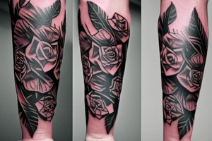 Forearm sleeve: An lantern with candle inside, flying bat, roses around tattoo idea