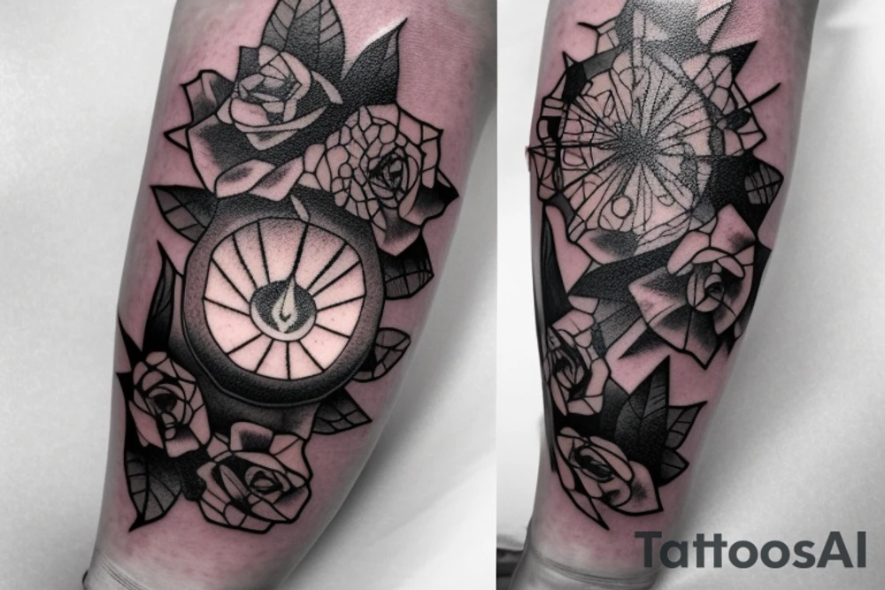 Forearm sleeve: An lantern with candle inside, flying bat, roses around tattoo idea