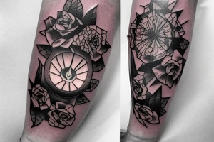 Forearm sleeve: An lantern with candle inside, flying bat, roses around tattoo idea