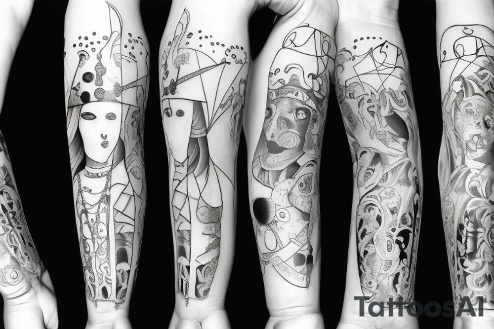 forearm sleeve: pierrot, tarot, manequin tattoo idea