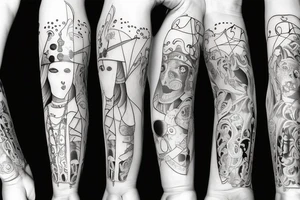 forearm sleeve: pierrot, tarot, manequin tattoo idea