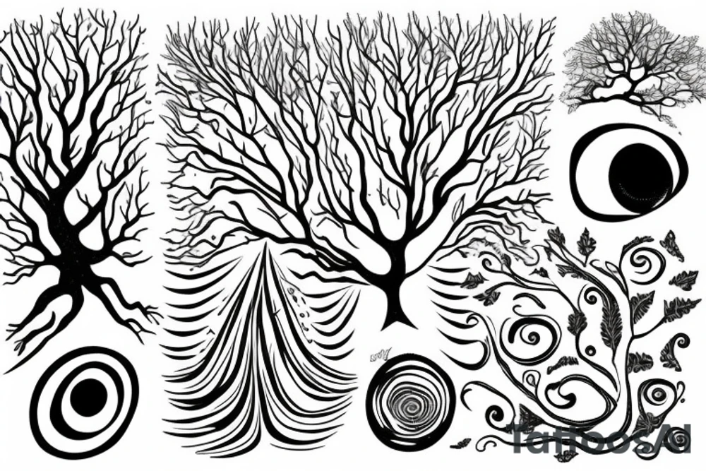 tree with trippy eyes tattoo idea