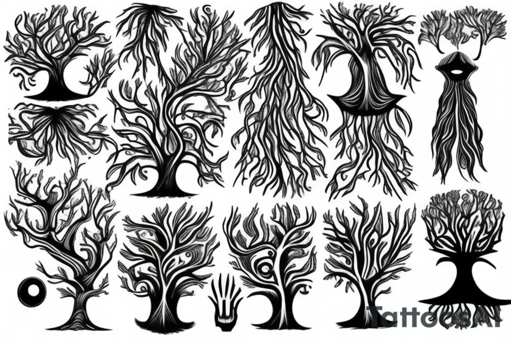 tree with trippy eyes tattoo idea