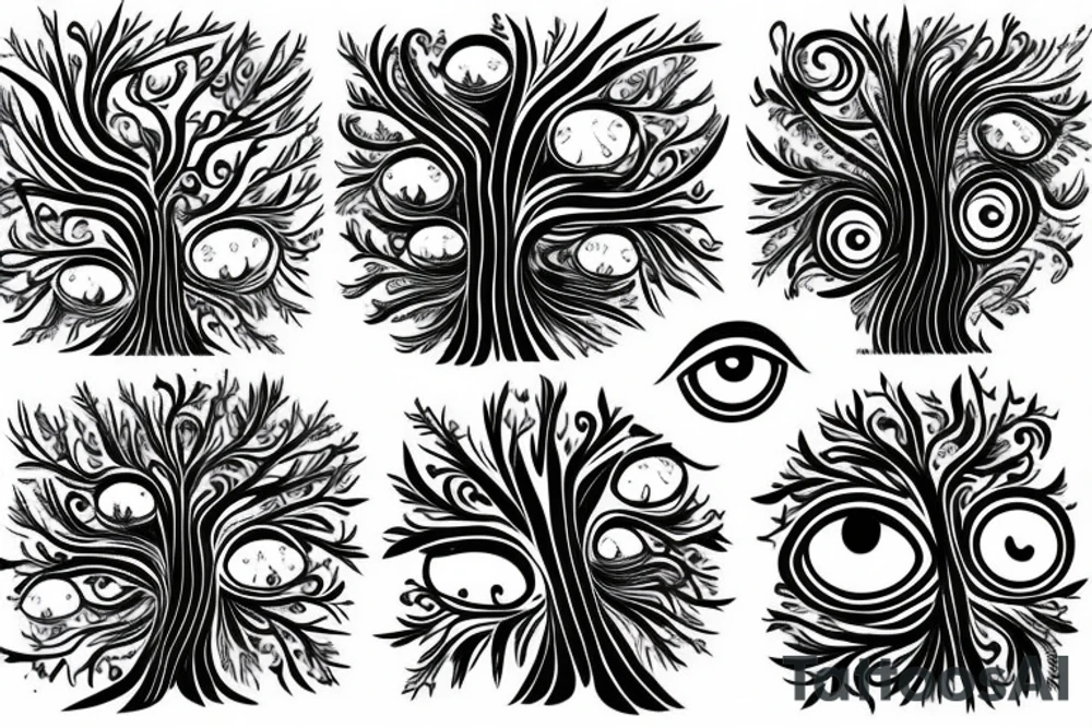 tree with trippy eyes tattoo idea