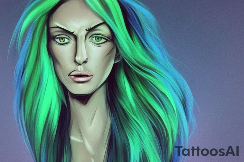She stands tall and proud, with a strong and muscular build that speaks to her physical strength and endurance. Her face is strikingly beautiful, with sharp, angular features and piercing blue or green eyes that convey both fierceness and determination. Her skin is weathered from years of exposure to the elements, but it glows with health and vitality.

Her hair is long and lustrous, cascading down her back in thick waves or braids adorned with intricate silver or gold clasps. Her armor is a testament to her skill and status as a warrior, consisting of a leather tunic studded with metal rings and a matching skirt of chainmail. She wears a leather belt around her waist, from which hangs a sword and a large, round shield made of wood and reinforced with metal.

Her face is partially covered by a metal helmet, which is adorned with horns or wings that mark her as a shield maiden. Despite the helmet, her face is visible, and her eyes glitter with determination and fearlessness. In battle, she moves with incredible speed and agility, wielding her sword with deadly accuracy and using her shield to deflect blows from her enemies. tattoo idea