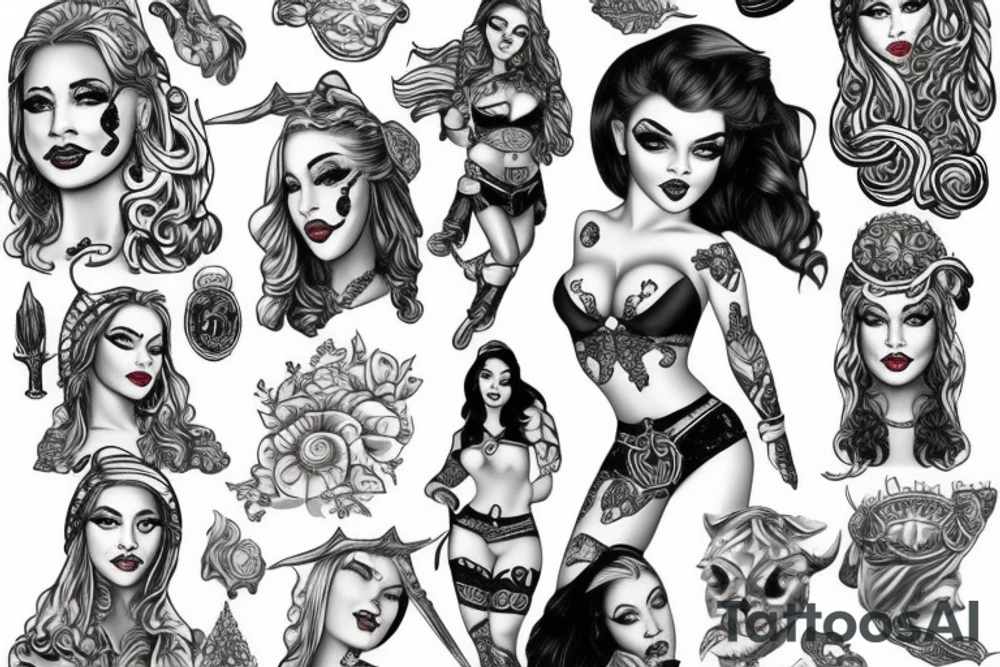 viking pinup girl with detailed face tattoo idea