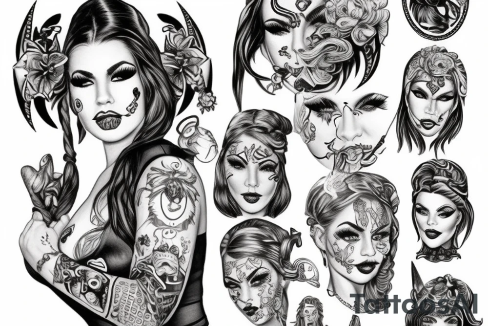 viking pinup girl with detailed face tattoo idea