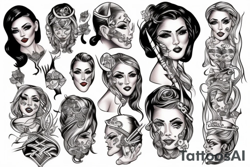 viking pinup girl with detailed symmetrical  face tattoo idea